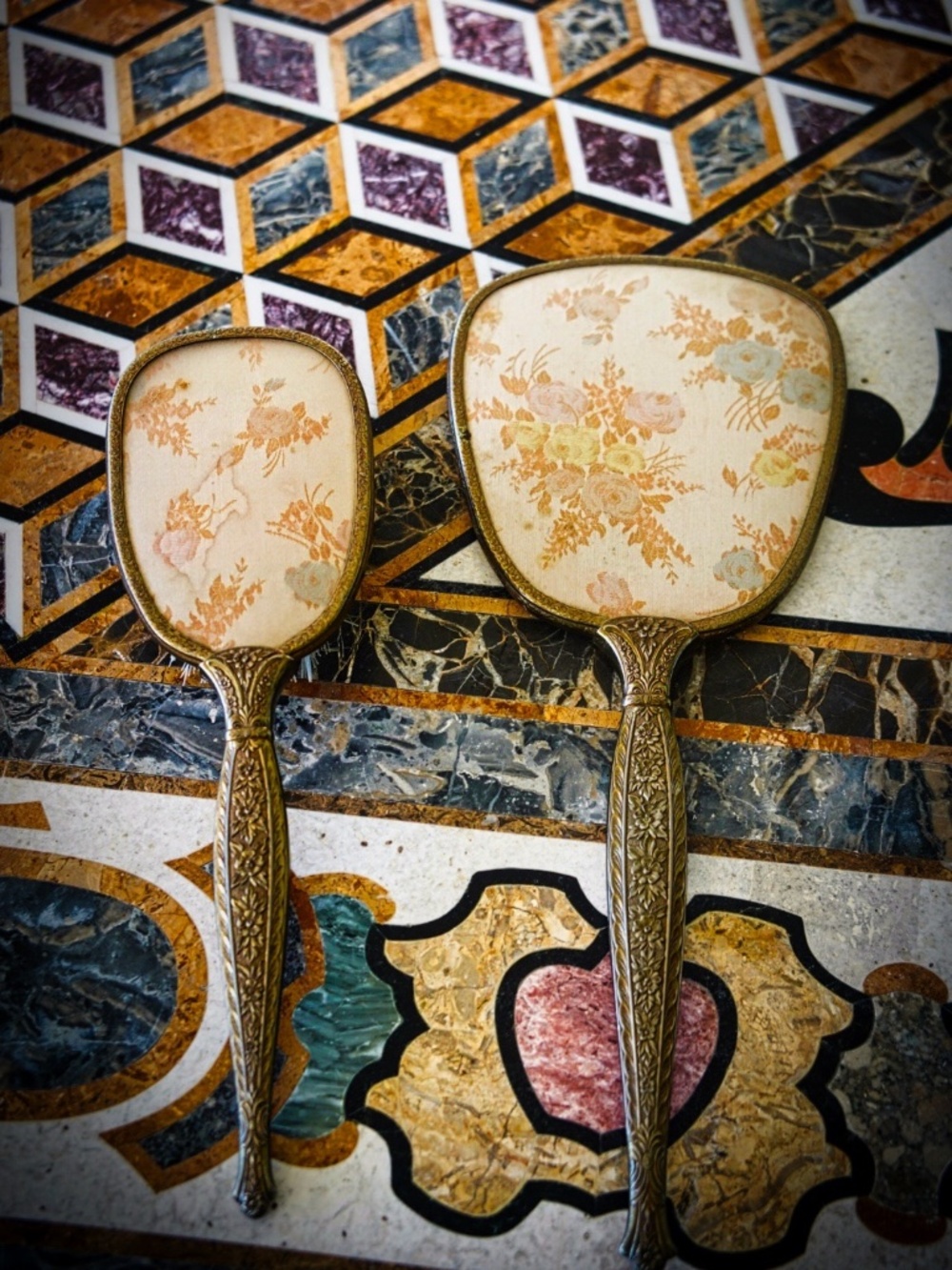 Vintage Brass Vanity Set | Hand Mirror & Hairbrush with Floral Embroidery